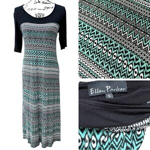 Ellen Parker Black and Teal Patterned Dress Maxi Size S